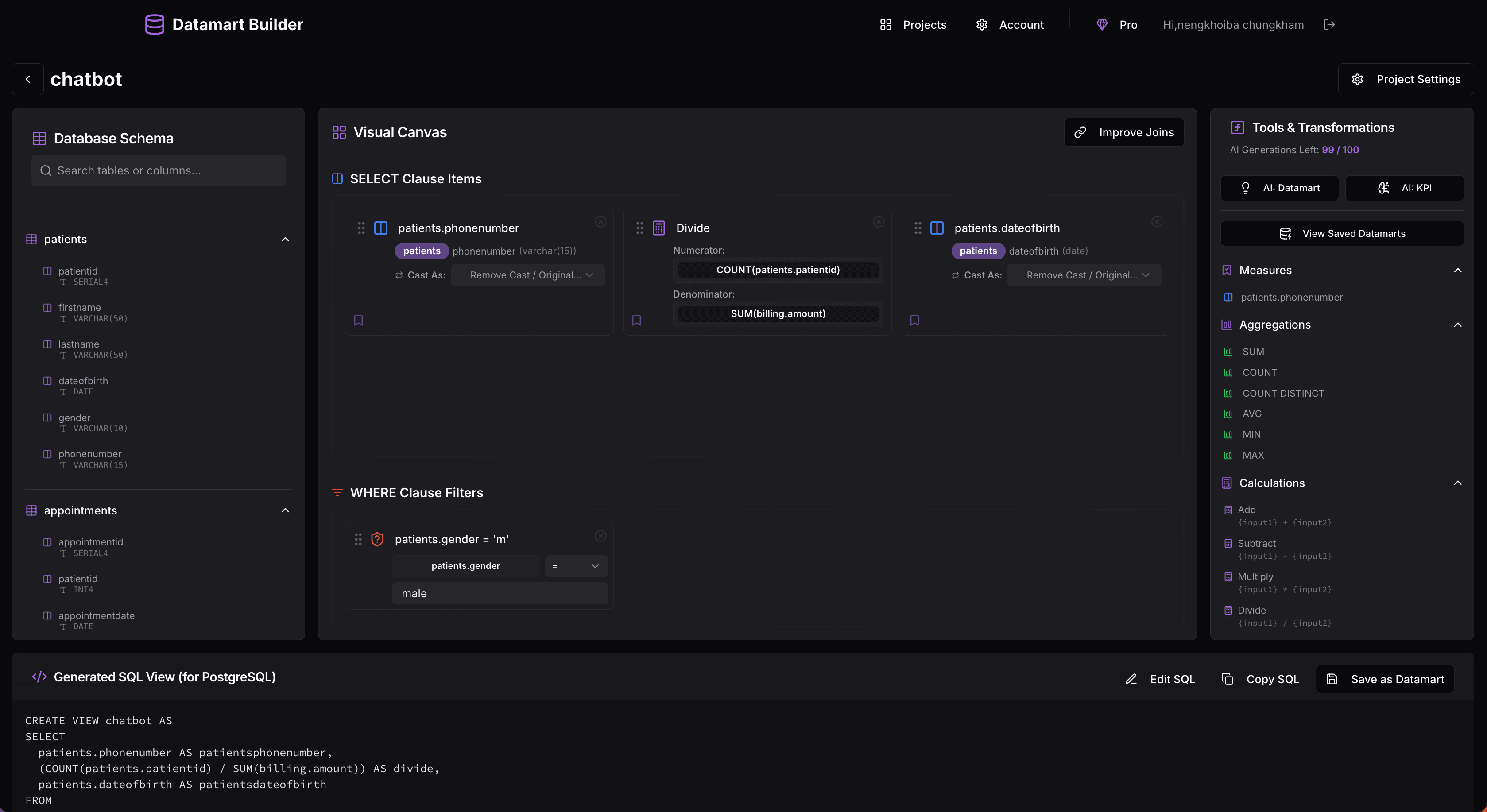 Datamart Builder Interface Preview - Visual SQL query builder and AI datamart design canvas
