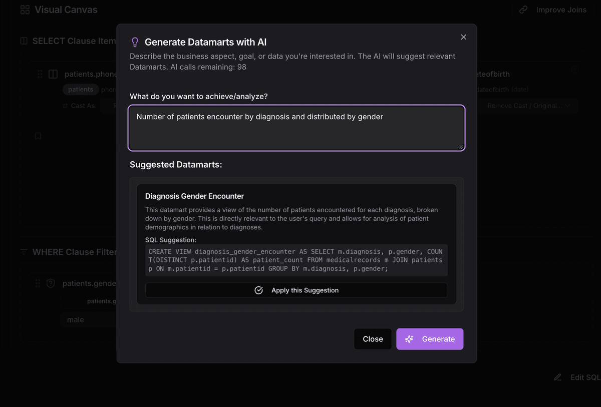 AI Datamart Generation - Main suggestion interface